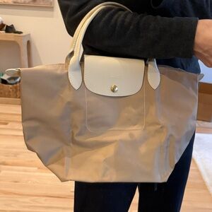 Longchamp top handle medium Le Pliage in Cream and Taupe